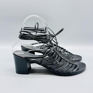 Stuart Weitzman Sandal Womens 7.5 Black Leather Strappy Lace Up Cage Block Heel